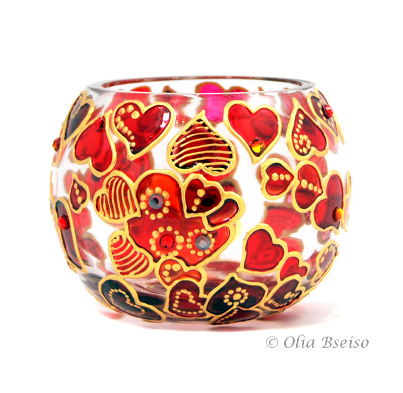 Hand Painted Glass Candle Holder, Hearts