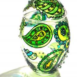 Hand Painted Glass Jar with Lid, Chrysolite, Paisley