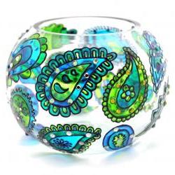 Hand Painted Glass Bowl, Blue-Green, Paisley
